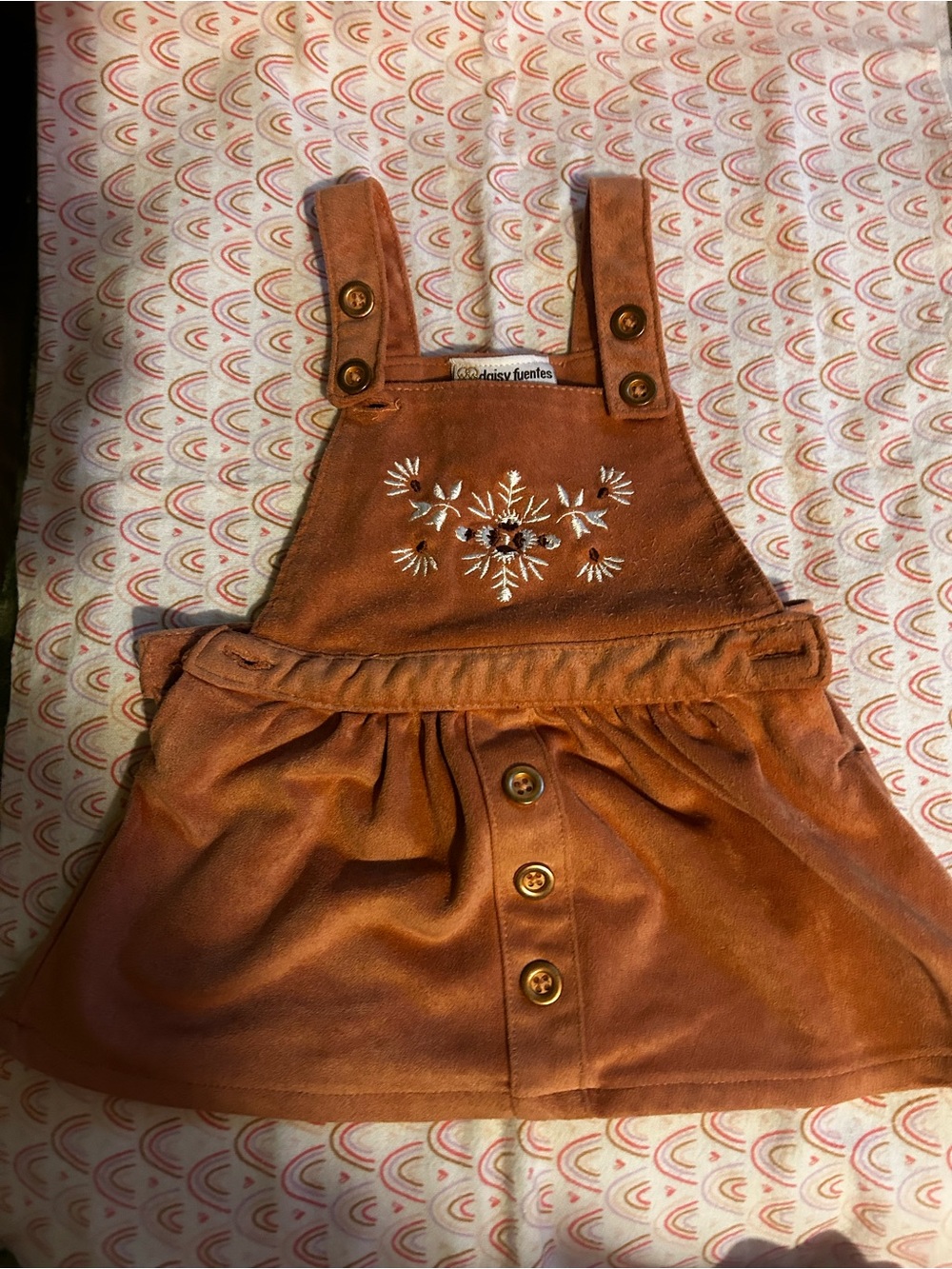 Daisy Fuentes Rust Brown Corduroy Pinafore Dress with Floral Embroidery